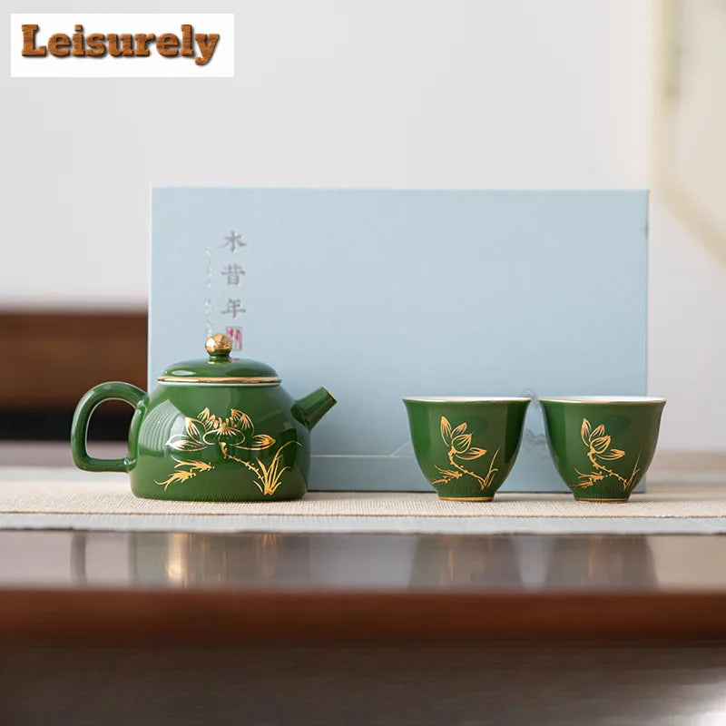 Emerald Green Ceramic Tea Set Complete Set Tea Ceremony Set Gold Stamping Lotus Teapot And Tea Cup Set Chinese Tea Set Ornaments