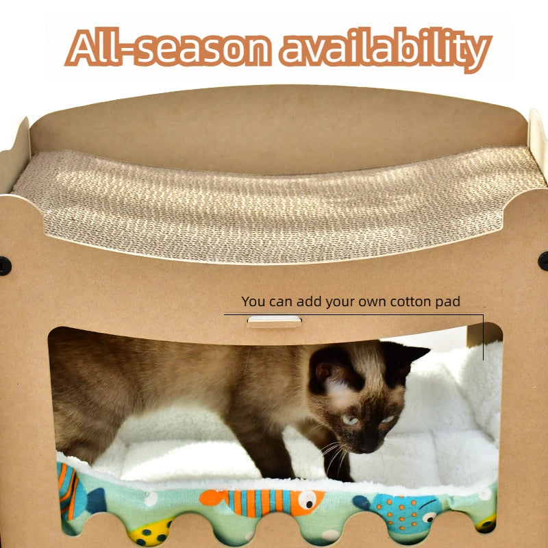 Cat House Wooden House with Scratching board Cardboard Durable cat scrtcher cat scratching lounge cat bed