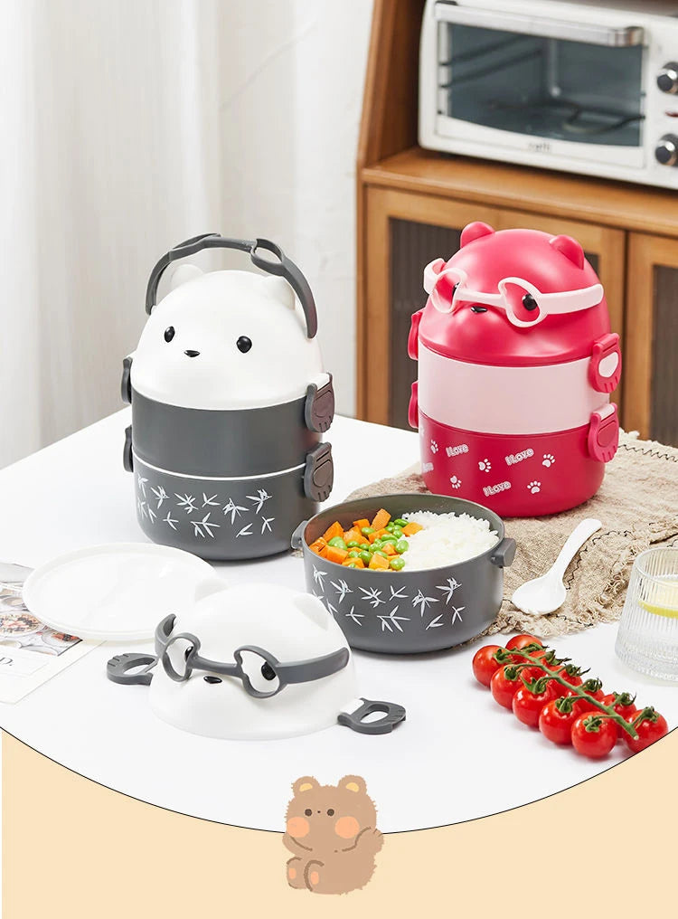 Stackable Bento Box Portable Cute Cartoon Children Lunch Box Double Layer Food Storage Container Eyeglass Bear Thermal Bento Box