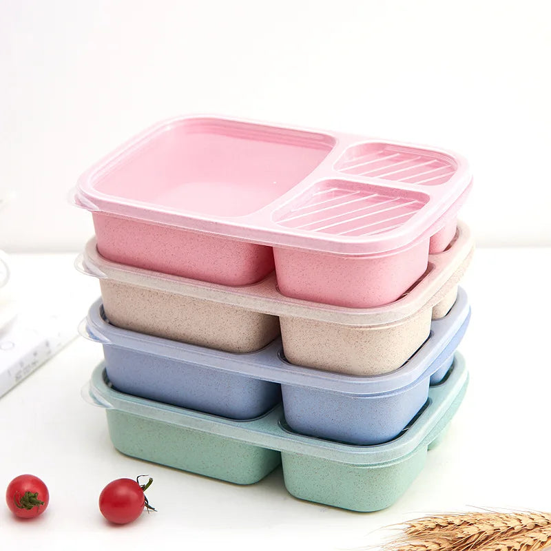 Bento Lunch Box 3 Compartment Wheat Straw Meal Prep Food Storage Containers Plastic, 1 Pack