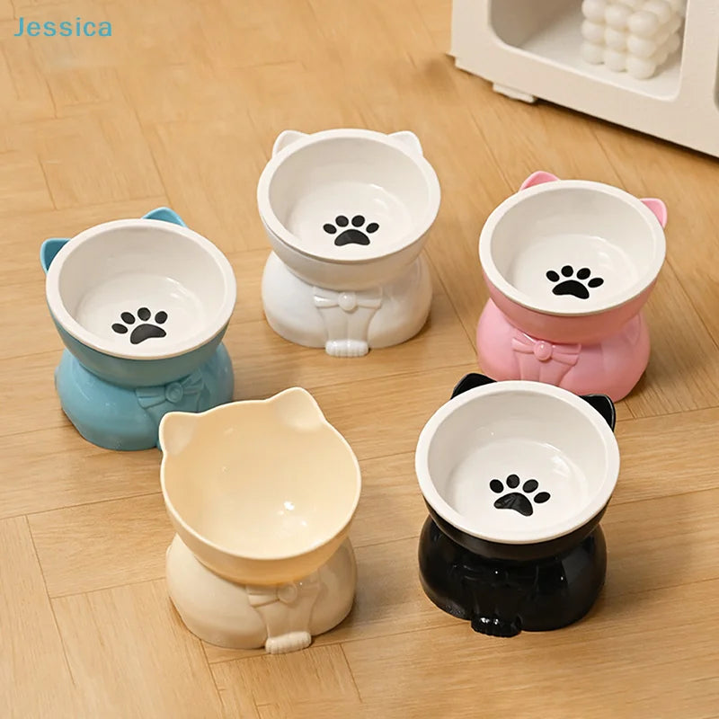 ♥Cat Dog Food Water Bowl-Raised Pet Feeder with Non-Slip Base & Paw Print Design,Neck Protection Bowl for Small Medium Pets