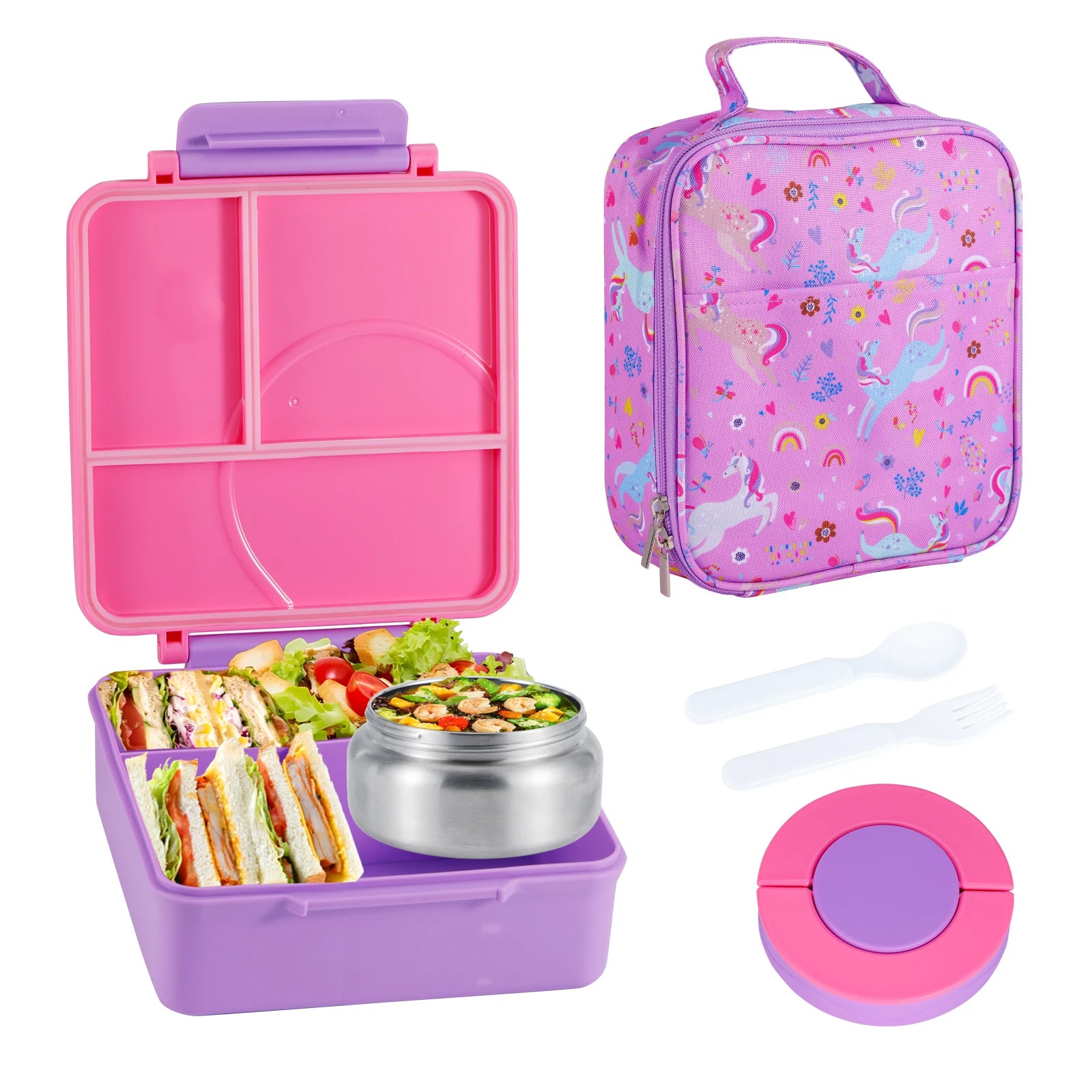 Bento Lunch Box Set for Kids with 8oz Soup Thermo, Leak-Proof Lunch Containers with 4 Compartment, Kids Thermo Hot Food Jar and