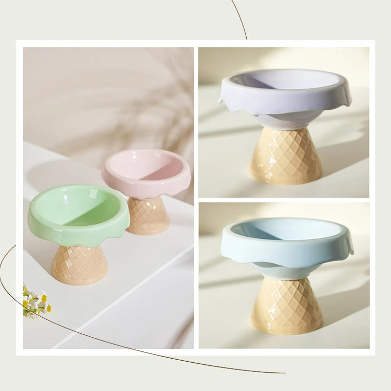 Ceramic cat bowl, pet bowl, ice cream bowl, high-legged, slanted neck protection, anti-knockover cat food bowl, drinking water