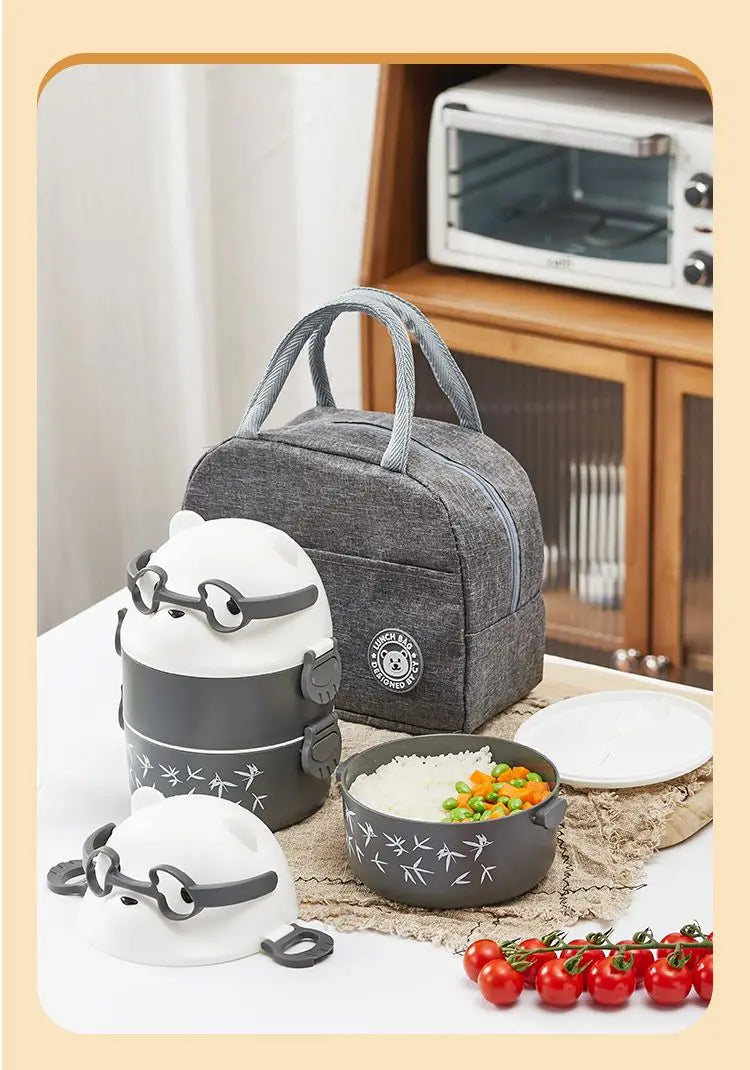 Stackable Bento Box Portable Cute Cartoon Children Lunch Box Double Layer Food Storage Container Eyeglass Bear Thermal Bento Box