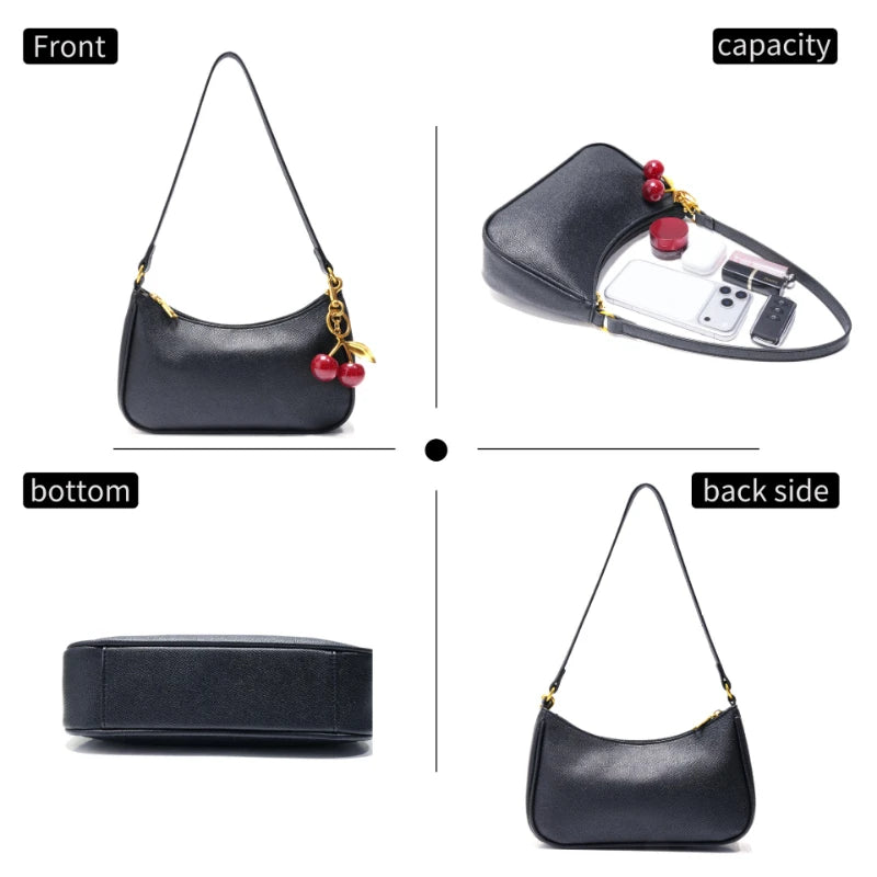 Brand Fashion Shoulder Bag, Ladies Luxury Designer Handbag, Delicate Zippered Casual Versatile Underarm Bag, With Cherry Pendant