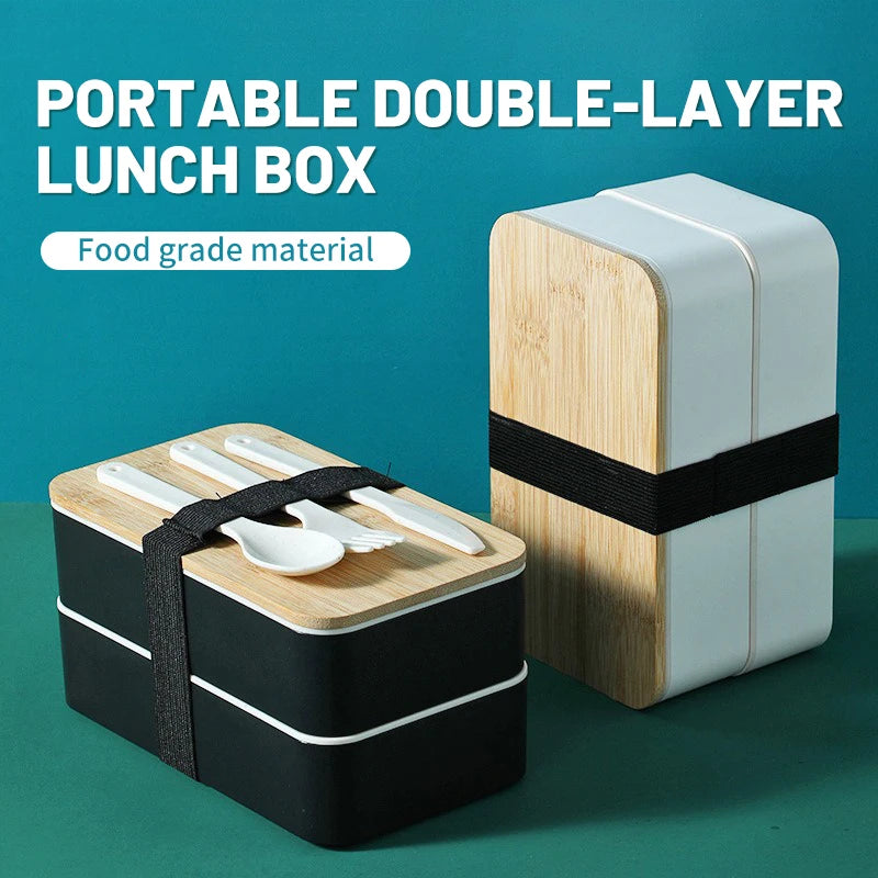 Minimalist Japanese Style Bento Box Double-layer Lunch Box with Cutlery Divided Student Lunchbox Set - Knife Fork Spoon Included