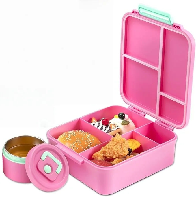 Bento Lunch Box with soup Thermo Jar, Leakproof 4 Compartment Lunch Food Containers, Thermo Insulated Hot Food Jar for School