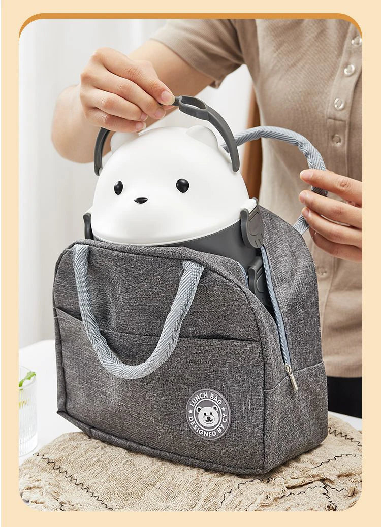 Stackable Bento Box Portable Cute Cartoon Children Lunch Box Double Layer Food Storage Container Eyeglass Bear Thermal Bento Box