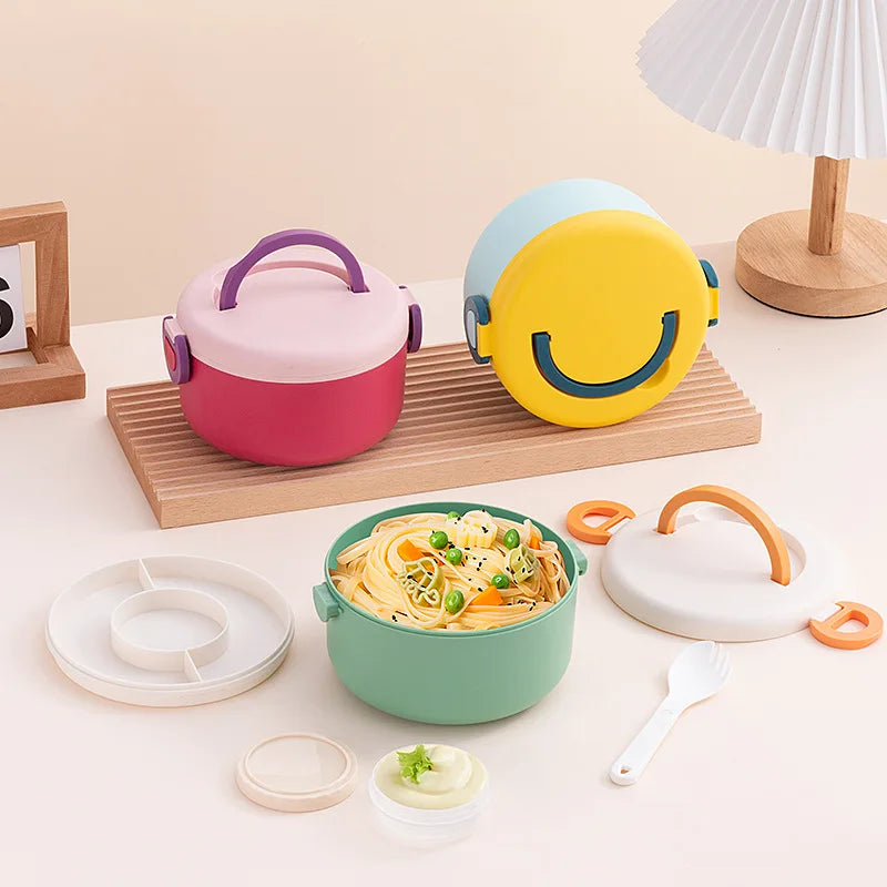 Cartoon Bento Box for Kids School Food Storage Container Microwavable Portable Picnic Basket Round Lunchbox with Handle