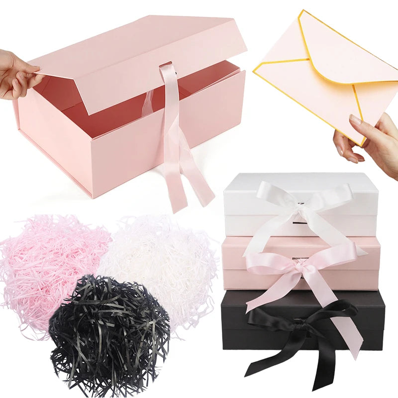 1 Set 23cm Luxury Ribbon Gift Box with Lafite Grass Bronzing Envelope Greeting Card Storage Party Wedding Souvenir Packaging ZYF