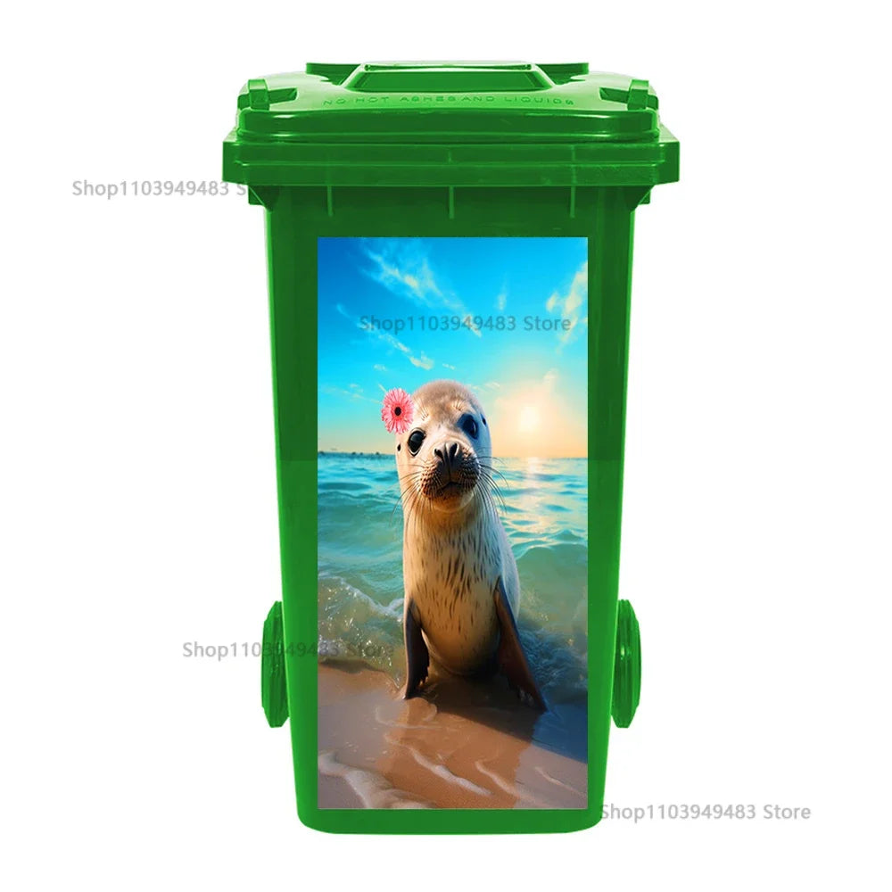 Cute Animal Outdoor Trash Can Decoration Self-adhesive Waterproof Stickers Litter Bins Renovation Cover Decal Garbage Bin Mural